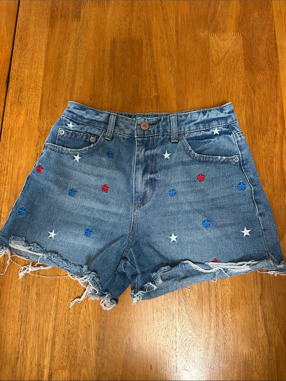 4th of July ready! Blue Denim Jean Shorts with Red, White & Blue Star Embroidery